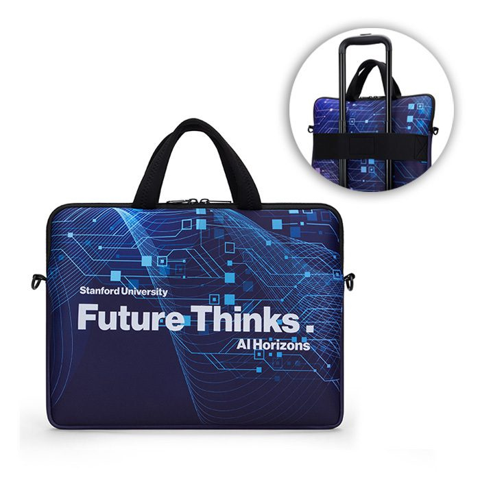 Sublimated neoprene laptop sleeve with zipper and trolley strap., product image