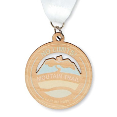 Custom shape wooden medal. V stitched.