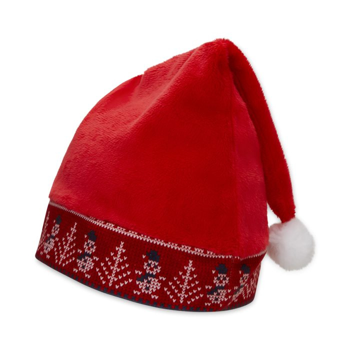 Red fluffly santa hat with sublimated headband., product image