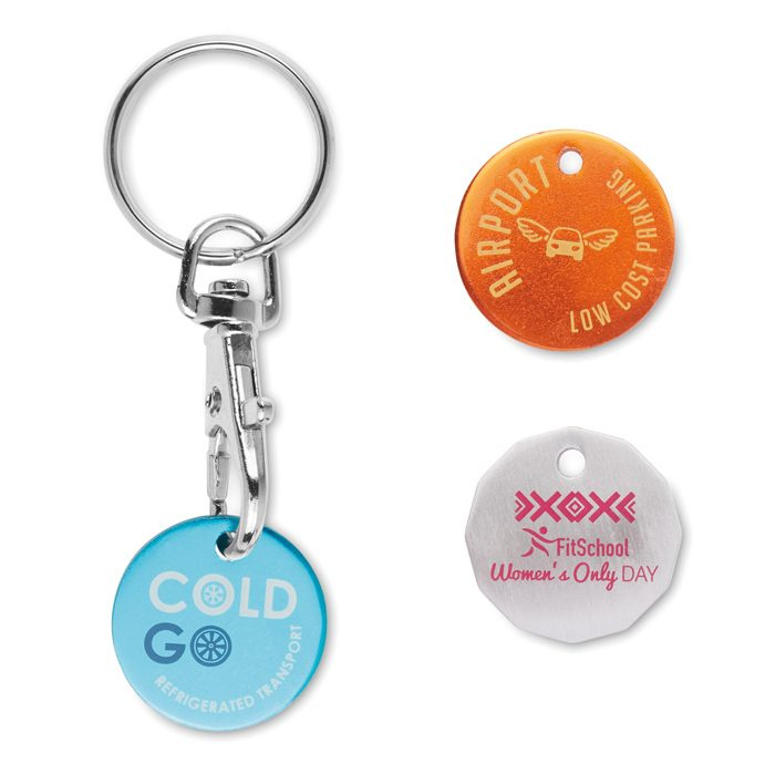 Colourful aluminium trolley tokens with your design printed or engraved, product image