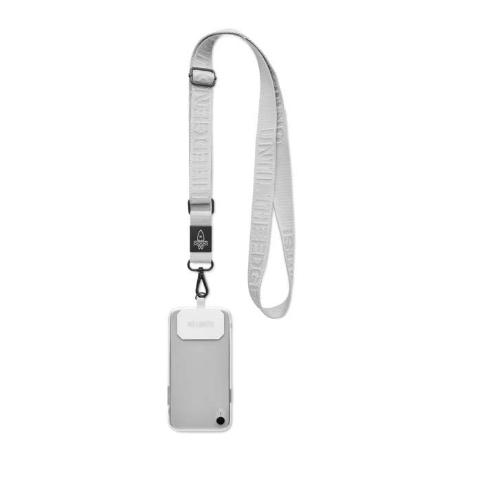 Woven adjustable crossbody phone holder with logo engraved metal plate., product image