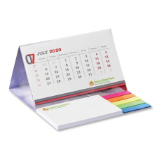 Desk calendar with soft cover, markers and memo pad.