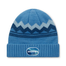 Acrylic custom pattern beanie in 2*1 rib knit cuff.