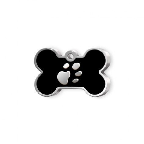 Pet name tag small black bone with paw, product image (1)