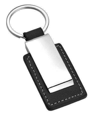 Keyring shiny metal- black leather, product image (1)