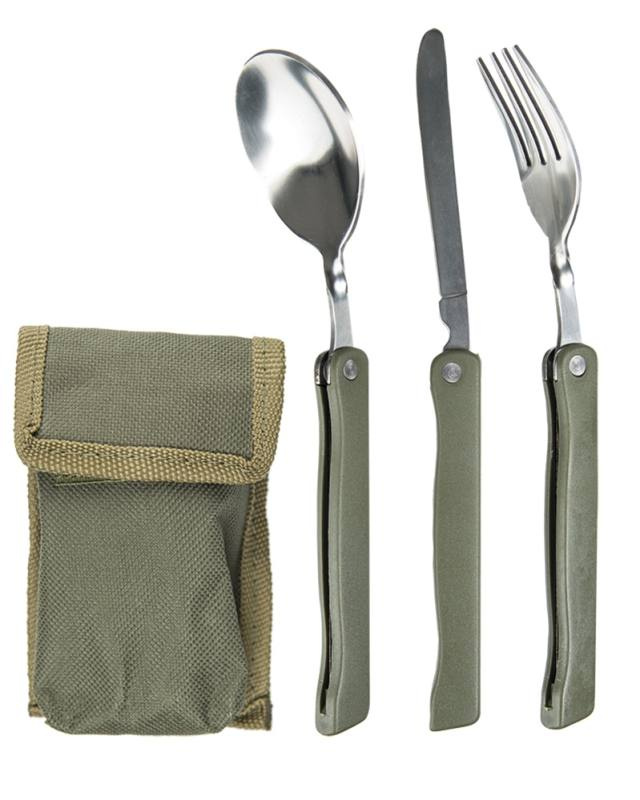 Folding cutlery set, three-piece with bag, olive green – Mil-Tec