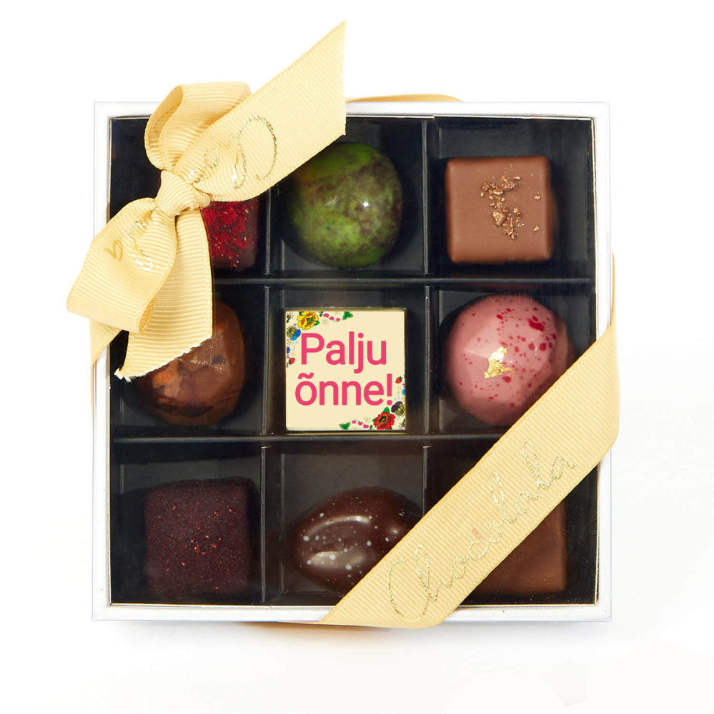 Transparent chocolate gift box with 9 chocolates – Happy Birthday!, product image