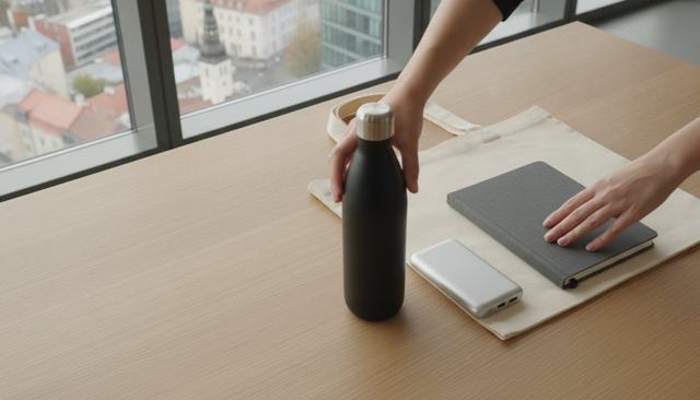 A bottle, notebook and power bank arranged on a cotton bag on an office desk