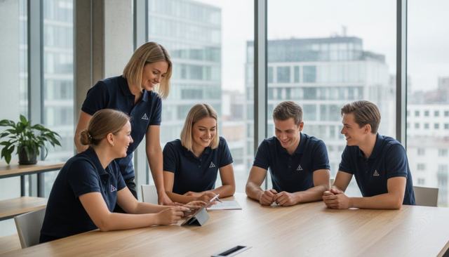 A team wearing navy branded polo shirts at an office meeting