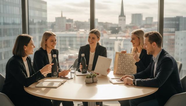 Team reviewing branded bottles, a notebook and a bag