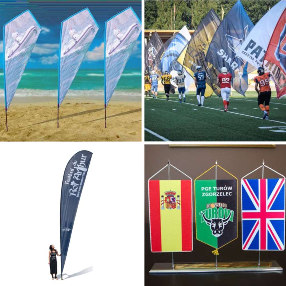 Reklamflaggor med logga Beachflagga och featherflaggor med företagslogga framför en entré