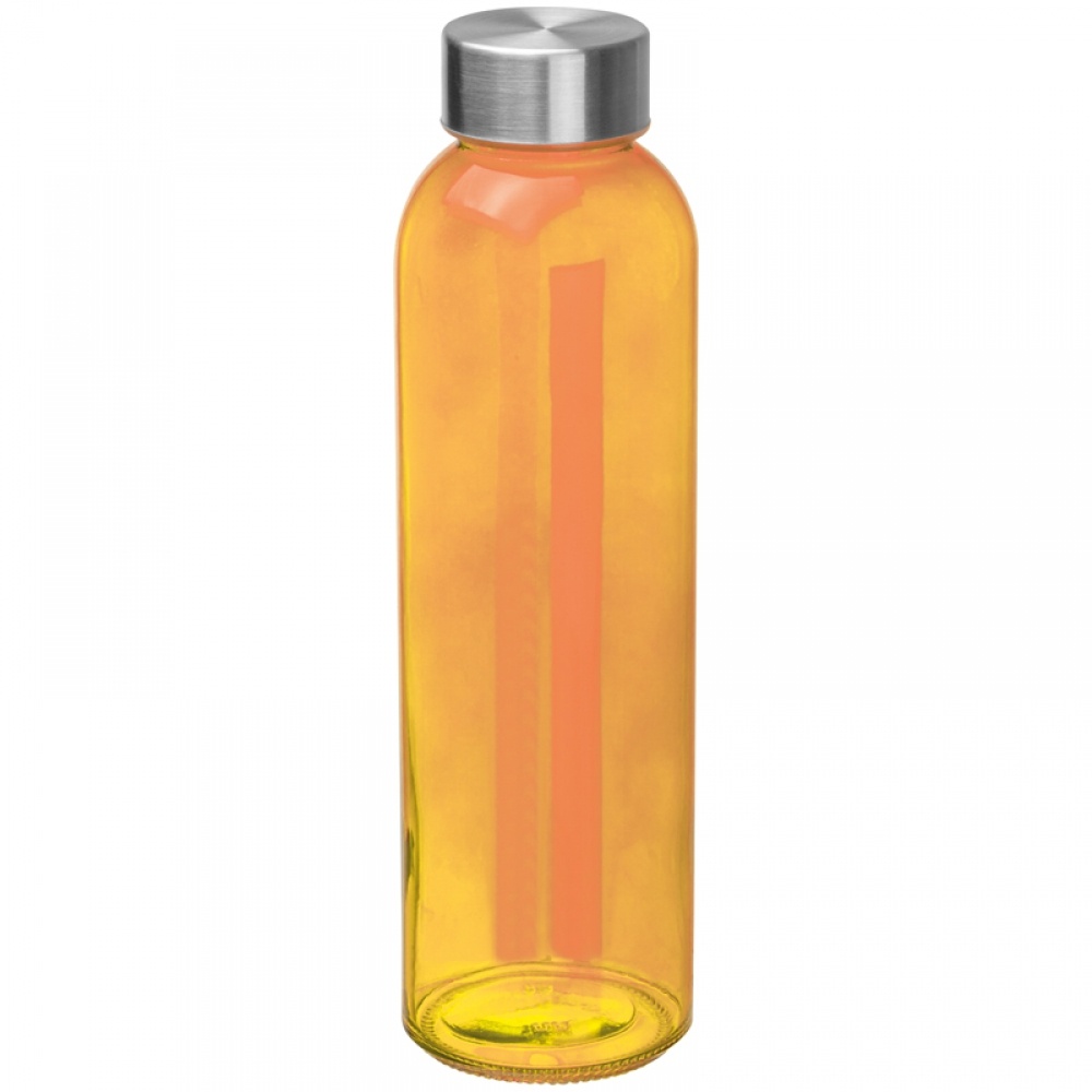 Logo trade reklaamtoote pilt: Klaasist veepudel lekkekindla korgiga, oranž