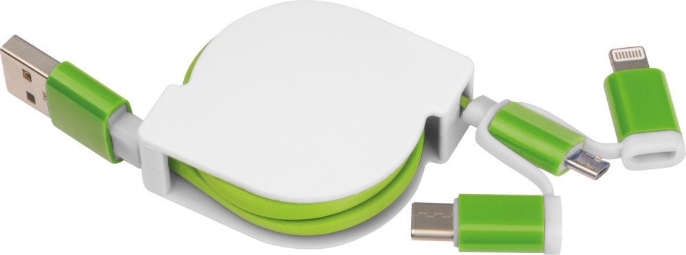 Logotrade firmakingituse foto: Laadimiskaabel pikendusega 3 erineva otsaga, roheline