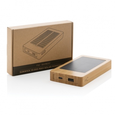 Pruun Sunwick 10 000 mAh bambusest päikeseakupank — toode koos kinkepakendiga, logoga personaliseeritav, Logo.ee