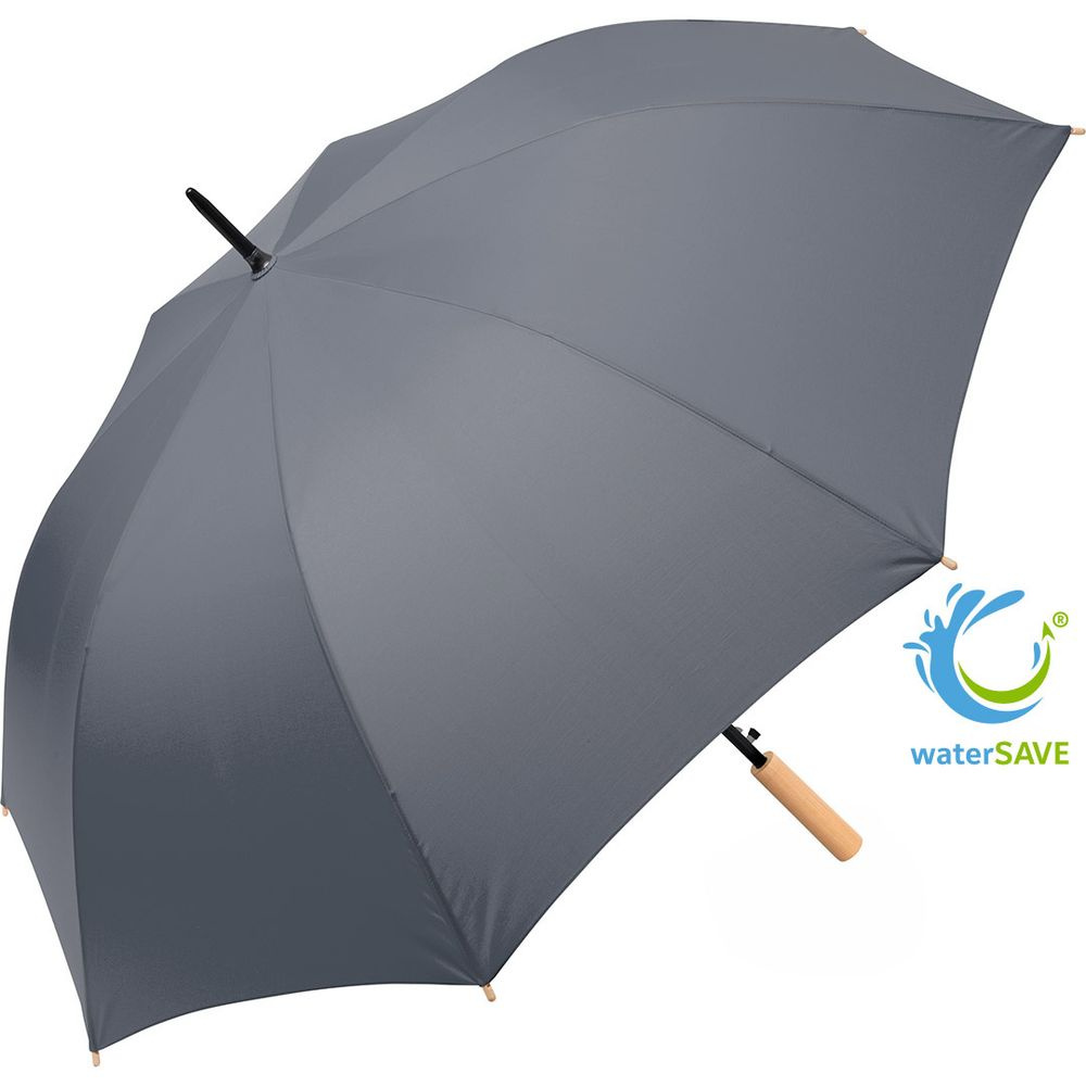 FARE ÖkoBrella automaatne golfivihmavari taaskasutatud PET-kattega ja puidust käepidemega logoga, hall (waterSAVE®) – tootefoto