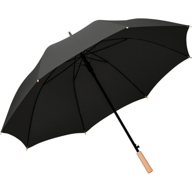 FARE ÖkoBrella automaatne golfivihmavari taaskasutatud PET-kattega ja puidust käepidemega logoga, must (waterSAVE®) – detailvaade 2