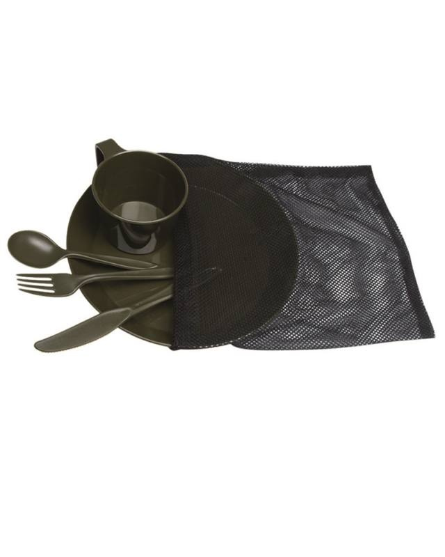 Matkakomplekt (taldrik, tass, söögiriistad) plastikust oliivroheline – Mil-Tec