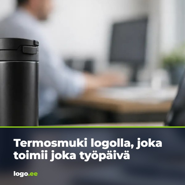 Termosmuki logolla, joka toimii joka työpäivä