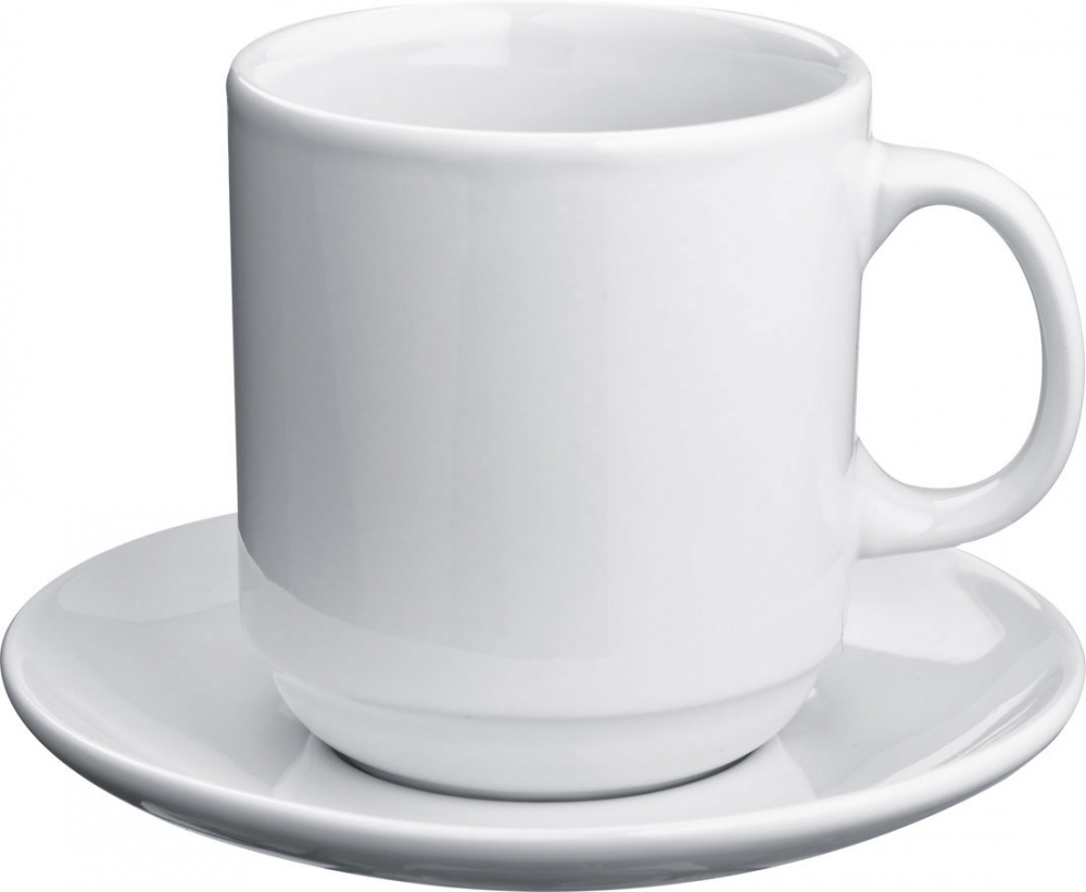 Logo trade liikelahja mainoslahja tuotekuva: Kahvimuki ja lautanen, valkoinen