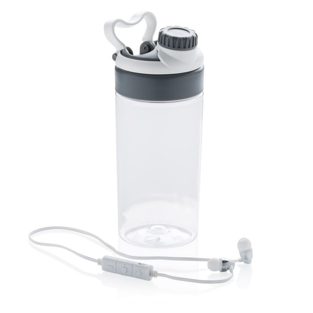 Logotrade mainoslahja ja liikelahja kuva: Älykäs Bluetooth-juomapullo kuullokeilla, valkoinen