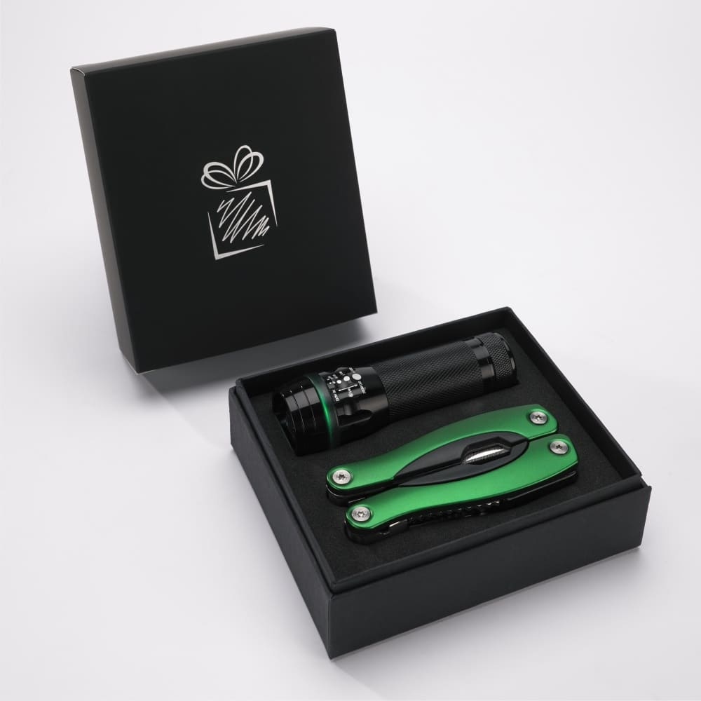Logotrade liikelahja tuotekuva: Lahjasetti Colorado II - taskulamppu ja iso monitoimityökalu, vihreä