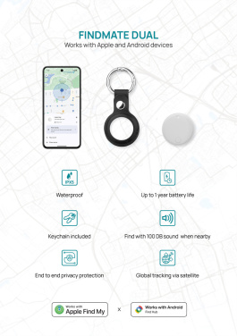 Logo trade liikelahja kuva: Findmate Dual RCS -esinepaikannin, kierrätysmuovia, IPX5