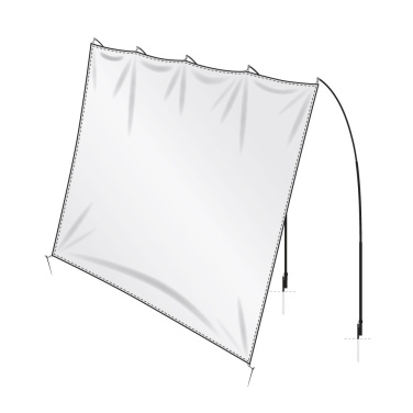 Piirros: leveä neliön muotoinen mainospurje mastoineen ja maapiikkeineen