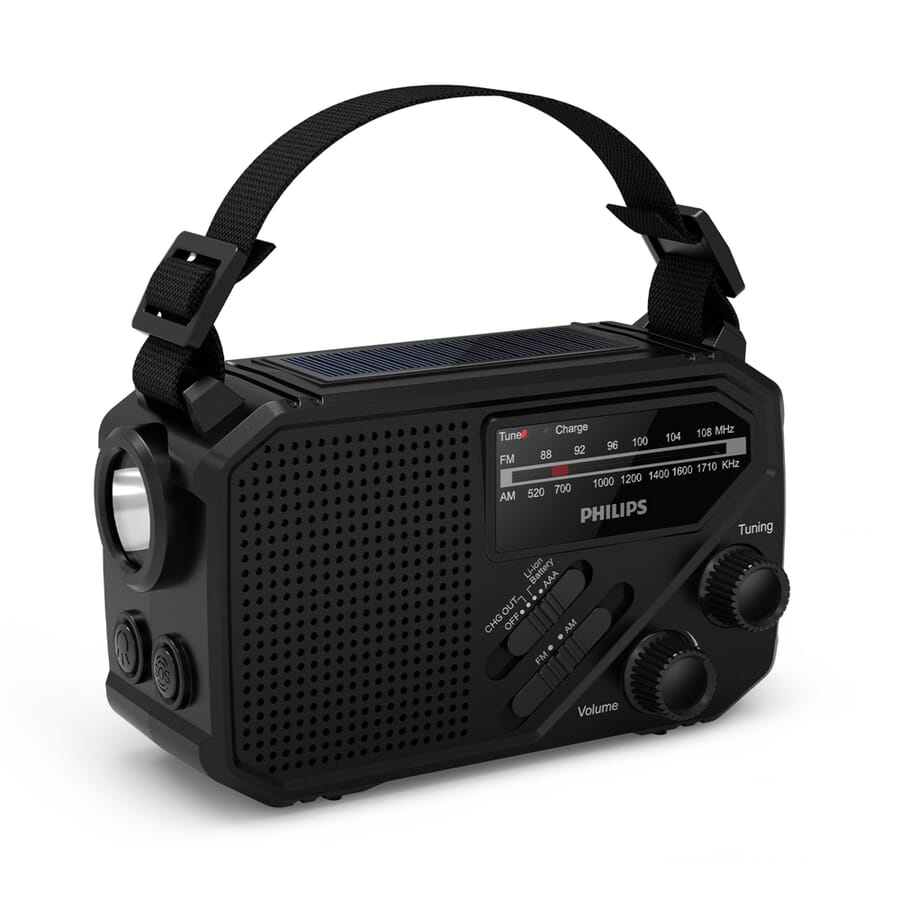 Philips TAR1609 Hätäradio, jossa on analoginen FM/AM-viritin ja taskulamppu, musta, tuotekuva (1)