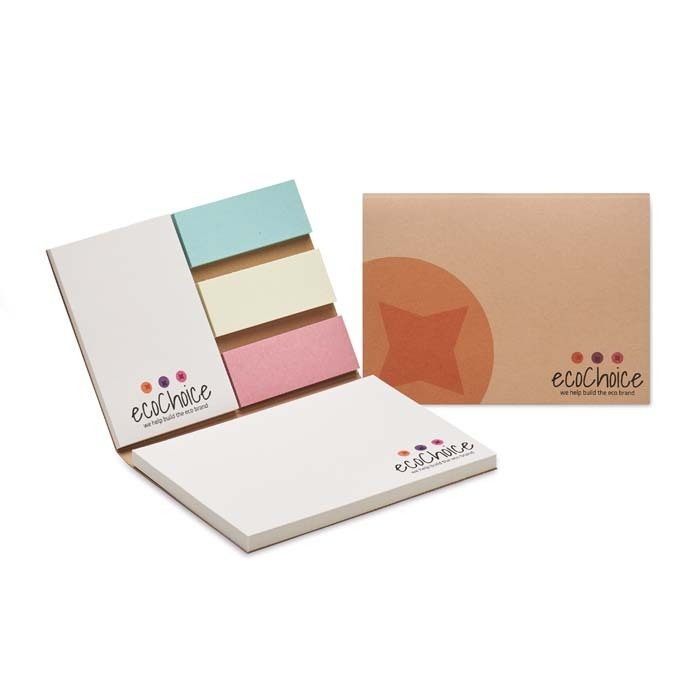 Kierrätyspaperista valmistettu pehmeäkantinen muistivihko, jossa on oma suunnittelu jokaisessa tarralapussa., tuotekuva