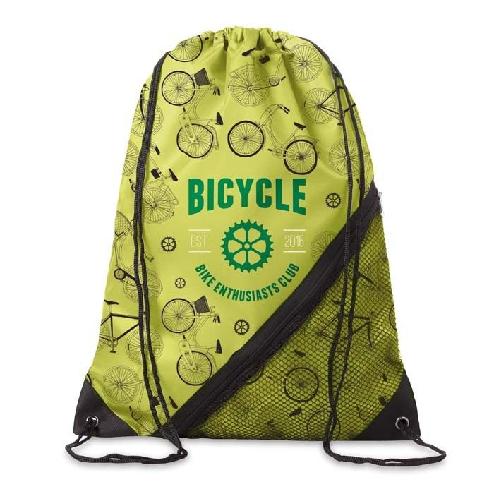 210D polyesteristä valmistettu kiristysnyörillinen kassi vetoketjulla ja verkkotaskulla., tuotekuva