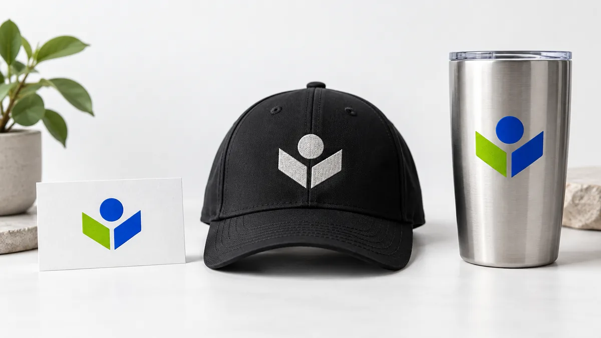 Illustration d’un même logo simple sur une carte de visite, brodé sur une casquette et imprimé sur un récipient pour boissons
