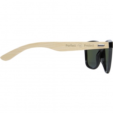 Lunettes de soleil polarisées à verres miroir en rPET et bambou, en coffret cadeau, Taiyō avec logo — vue de détail 4, bois