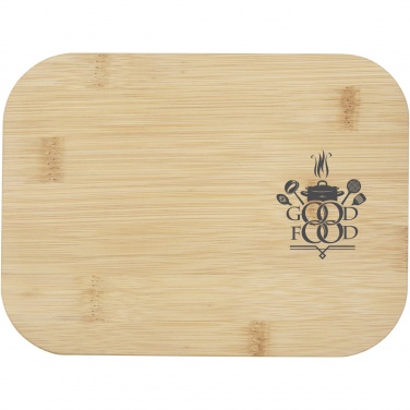 Boîte-repas en verre à couvercle en bambou Roby — naturel / transparent incolore avec logo — vue de détail 5