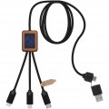 Câble de recharge 5 en 1 en rPET à logo lumineux et boîtier carré en bois SCX.design C38, bleu / bois