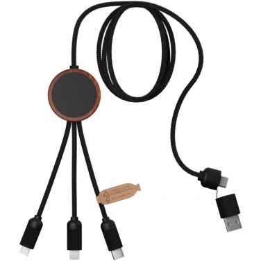 Câble de recharge 5 en 1 en rPET à logo lumineux et boîtier rond en bois SCX.design C37 — vue de détail 5
