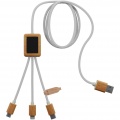 Câble de recharge 3 en 1 en rPET à logo lumineux et boîtier carré en bambou SCX.design C39, blanc