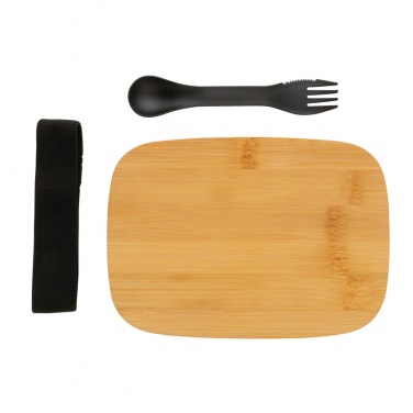 Boîte repas en acier inoxydable avec couvercle en bambou et cuillère-fourchette — vue de détail, argenté (2)