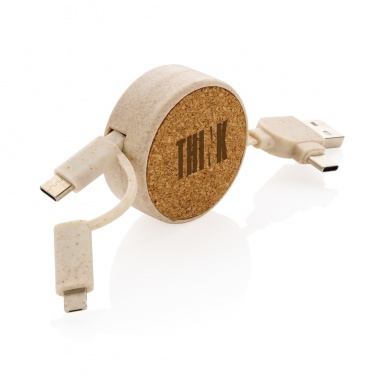 Câble rétractable 6-en-1 en liège et paille de blé, kaki, avec logo
