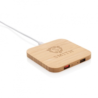 Chargeur sans fil de 5 W en bambou avec USB, marron, avec logo