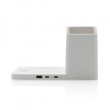 Chargeur sans fil Ontario 3-en-1 en plastique recyclé et bambou — vue de détail, blanc (2)