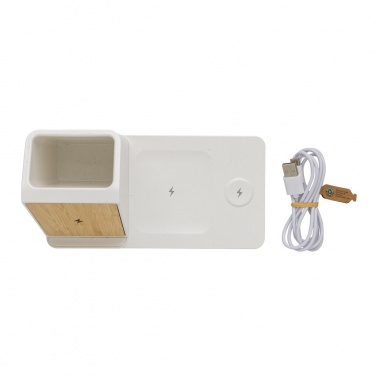 Chargeur sans fil Ontario 3-en-1 en plastique recyclé et bambou — vue de détail, blanc (3)