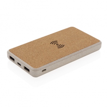 Batterie externe de 8000 mAh avec charge sans fil de 5 W en liège et paille de blé — vue de détail (1)