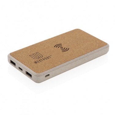 Batterie externe de 8000 mAh avec charge sans fil de 5 W en liège et paille de blé, avec logo