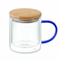 Mug en verre borosilicate à double paroi, bleu transparent