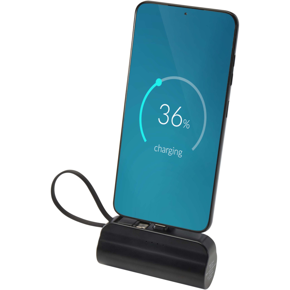 Batterie externe Type-C Alnair 5000 mAh 10 W en plastique recyclé avec support rabattable et câble 2 en 1 intégrés — noir uni — variante de couleur