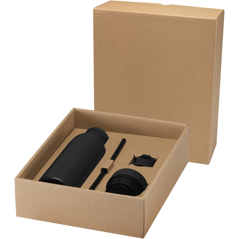 Gourde Illuminate de 650 ml en acier inoxydable recyclé RCS à double paroi, avec lot de 3 couvercles — noir — variante de couleur