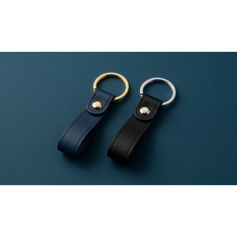 Porte-clés Xoopar INÉ en cuir bleu et noir, avec anneaux doré et argenté sur fond bleu foncé.
