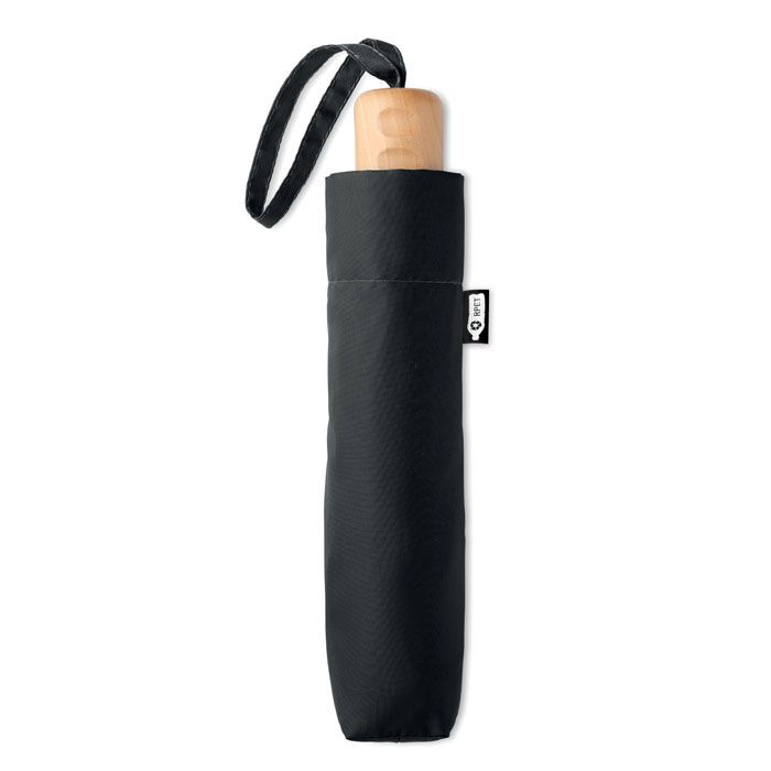 Parapluie pliant en RPET 21 pouces avec poignée en bois — noir — image du produit