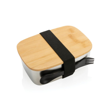 Boîte repas en acier inoxydable avec couvercle en bambou et cuillère-fourchette — argenté — vue de détail (1)