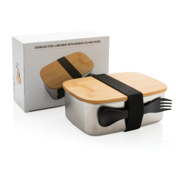 Boîte repas en acier inoxydable avec couvercle en bambou et cuillère-fourchette — argenté — image du produit (2)